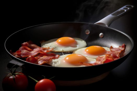 Frying egg with bacon. Cooking protein. Generate Ai