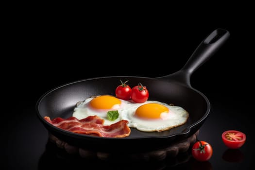 Frying pan eggs with tomatoes. Bacon top food. Generate Ai