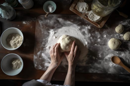 Hands kneading raw dough. Bake flour. Generate Ai