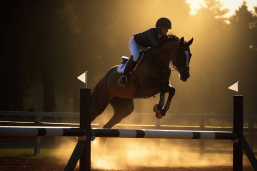 Horse jumping. Rider sport show. Fictional person. Generate Ai