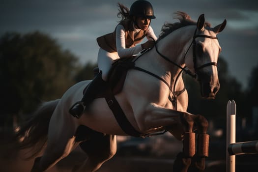 Horse jumping training show. Active show. Fictional person. Generate Ai