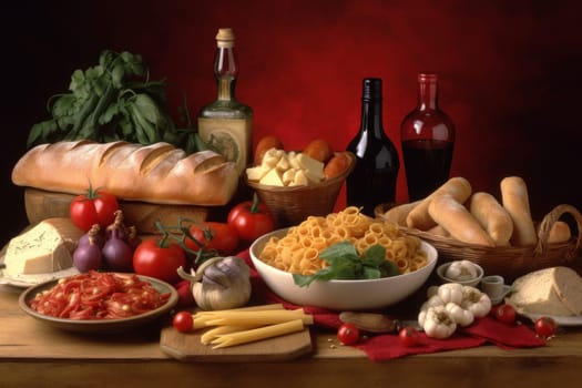 Italian food full table. Dish cooked. Generate Ai