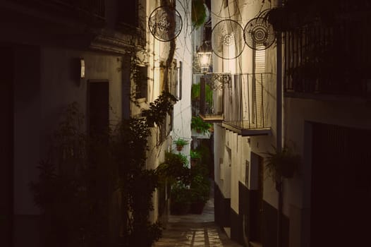 Horizontal photograph of Calle Adentro at night, the most beautiful and famous street in the city of Quesada in the province of Jaen. Travel and tourism concept