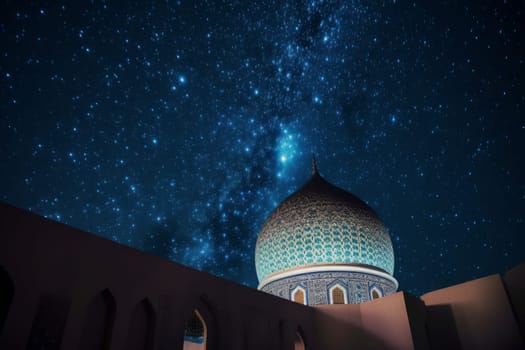 Mosque stars night. Crescent night. Generate Ai