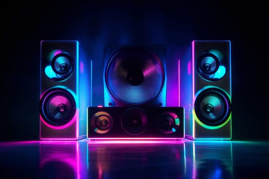 Neon speakers. Modern stereo sound. Generate Ai