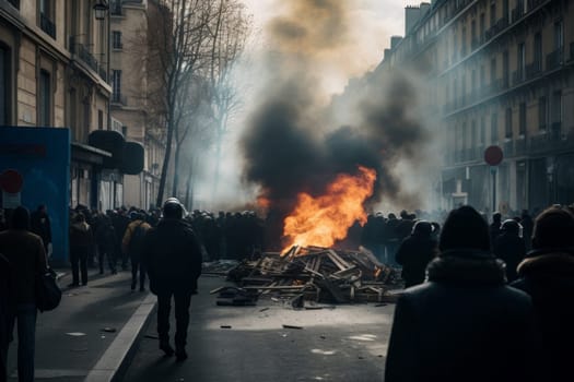 Paris demonstration chaos. Street crowd. Generate Ai