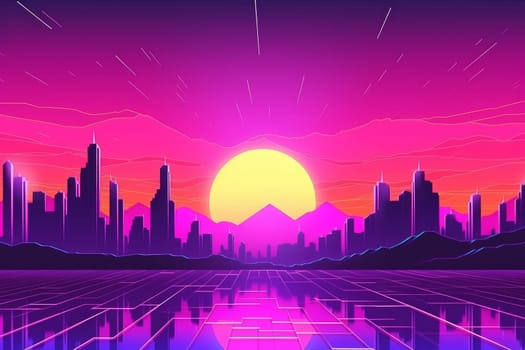 Retro city sunset. Space grid. Generate Ai