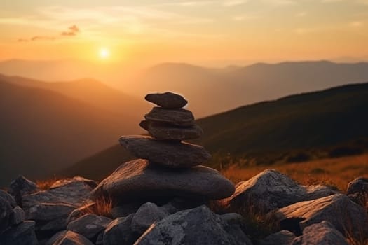 Zen stones nature sunset. Sun peace. Generate Ai