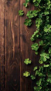 brown wooden planks board with clover - background for St. Patricks day. Neural network generated image. Not based on any actual scene or pattern.
