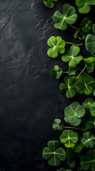 Clover with black background for St. Patricks day. Neural network generated image. Not based on any actual scene or pattern.