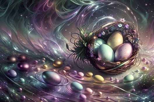 Easter card with painted colored eggs. Abstract background. AI generated image.