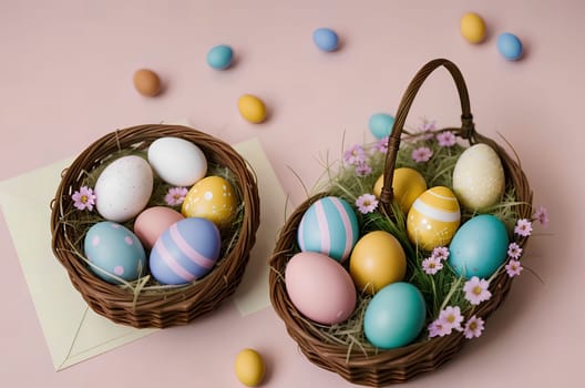 Easter card with painted colored eggs. AI generated image.