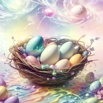 Easter card with painted colored eggs. AI generated image.