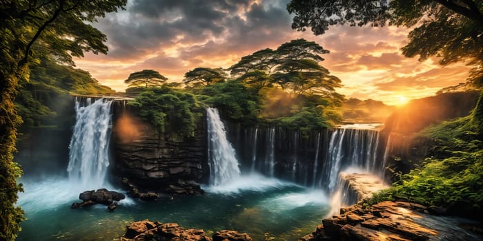 Fantasy landscape with waterfall at sunset, panorama.