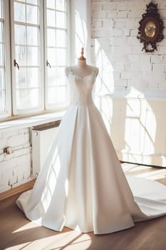 In a beautiful bright salon, on a mannequin there is a beautiful white satin long wedding dress, embroidered with beads.