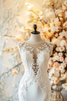 In a beautiful bright salon, on a mannequin there is a beautiful white satin long wedding dress, embroidered with beads.