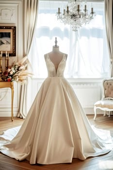 In a beautiful bright salon, on a mannequin there is a beautiful white satin long wedding dress, embroidered with beads.