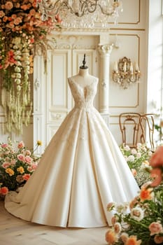 In a beautiful bright salon, on a mannequin there is a beautiful white satin long wedding dress, embroidered with beads.