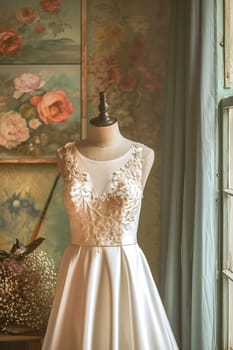 In a beautiful bright salon, on a mannequin there is a beautiful white satin long wedding dress, embroidered with beads.