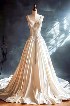 In a beautiful bright salon, on a mannequin there is a beautiful white satin long wedding dress, embroidered with beads.