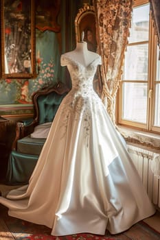 In a beautiful bright salon, on a mannequin there is a beautiful white satin long wedding dress, embroidered with beads.