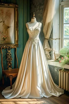 In a beautiful bright salon, on a mannequin there is a beautiful white satin long wedding dress, embroidered with beads.