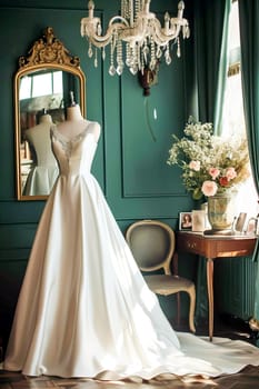 In a beautiful bright salon, on a mannequin there is a beautiful white satin long wedding dress, embroidered with beads.