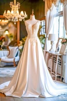 In a beautiful bright salon, on a mannequin there is a beautiful white satin long wedding dress, embroidered with beads.