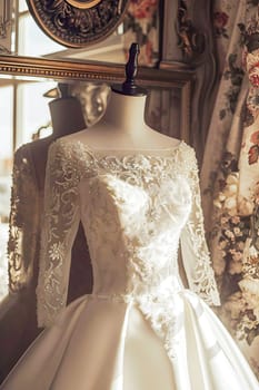 In a beautiful bright salon, on a mannequin there is a beautiful white satin long wedding dress, embroidered with beads.