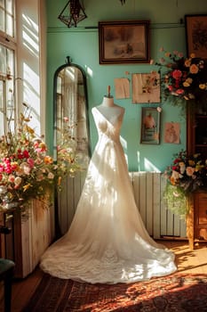 In a beautiful bright salon, on a mannequin there is a beautiful white satin long wedding dress, embroidered with beads.