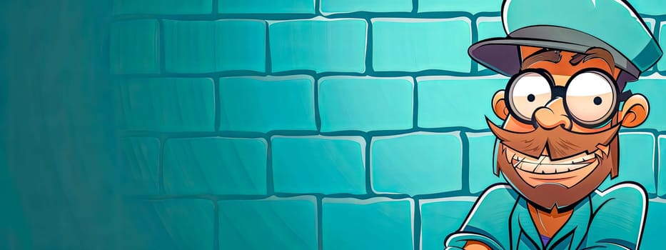 Smiling Cartoon Character Against Blue Brick Wall, copy space