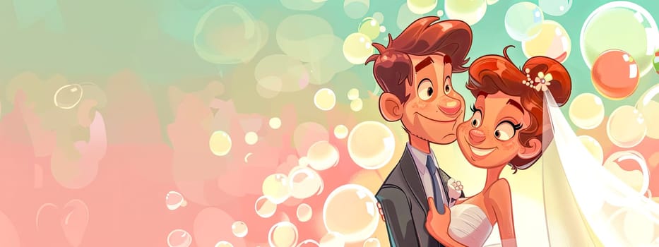 Cartoon Bride and Groom with Bubbles Background, copy space