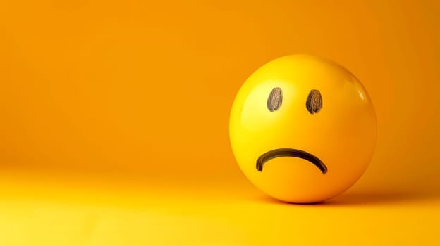 Sad Face Emoji on Yellow Background, copy space