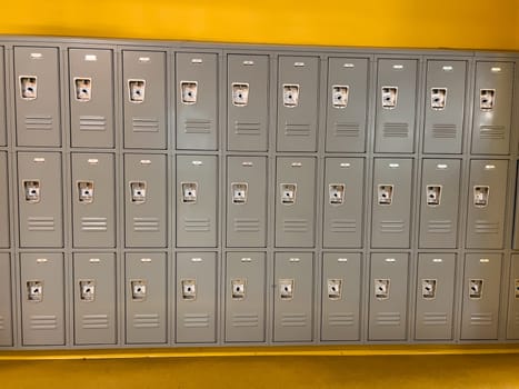 In a school corridor, a uniform array of gray lockers stands ready for students, the vents and locks punctuating the smooth metal doors.
