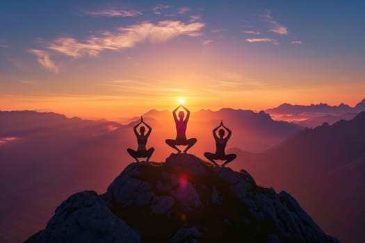 Group of people practicing yoga poses at sunrise on a mountain peak above the clouds, symbolizing peace and mindfulness. Resplendent.