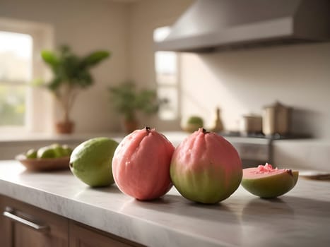 Defocused Elegance: Guava in the Foreground Amid Afternoon Kitchen Ambiance.