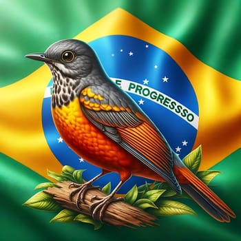 National Bird of Brazil, The rufous-bellied thrush, stands in front of a Brazilian flag. High quality photo
