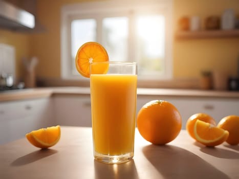 Sunlit Citrus Elegance: Orange Juice as the Focal Point in a Cozy Kitchen Scene.