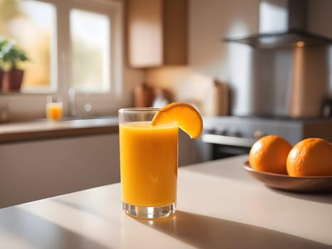 Warm Ambiance of Afternoon Light: Orange Juice Taking Center Stage in a Kitchen Setting.