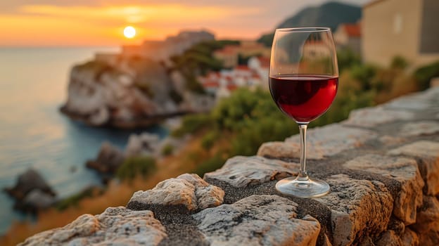 A glass of red wine on a stone wall, sea background, realistic, selective focus. Neural network generated image. Not based on any actual scene or pattern.