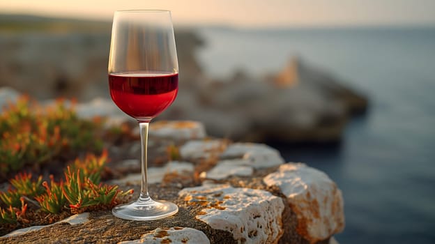 A glass of red wine on a stone wall, sea background, realistic, selective focus. Neural network generated image. Not based on any actual scene or pattern.