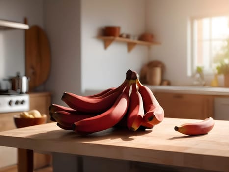 Kitchen Elegance: Red Bananas Glistening on a Wooden Cutting Board.