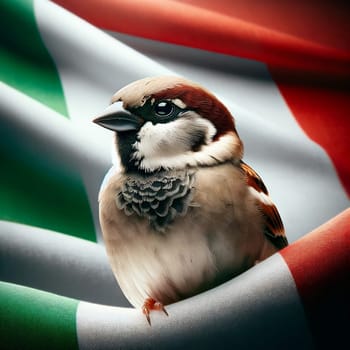 National Bird of Italy, Italian sparrow, stands in front of an Italian flag. High quality photo