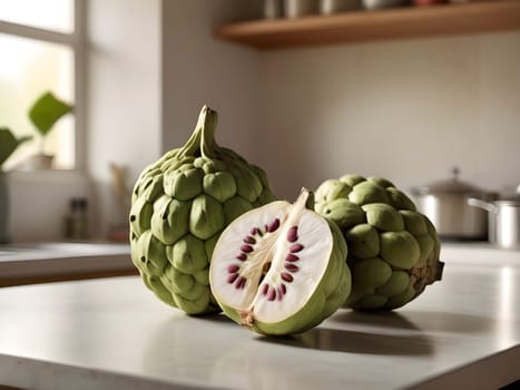 Sunlit Serenity. Cherimoya Centered in the Inviting Glow of a Cozy Kitchen.