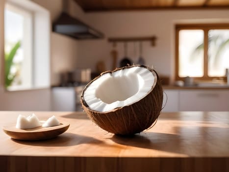 Coconut Serenity: Afternoon Glow on a Wooden Board in a Kitchen Setting.