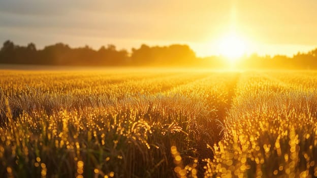 An early morning farmer's field, dew on crops, sunrise casting a golden glow, tranquil and fertile landscape. Resplendent.
