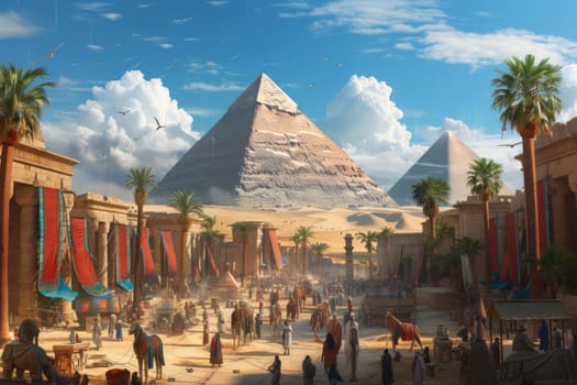 An ancient Egyptian city at the peak of its glory, with pyramids, Sphinx, and bustling markets. Resplendent.