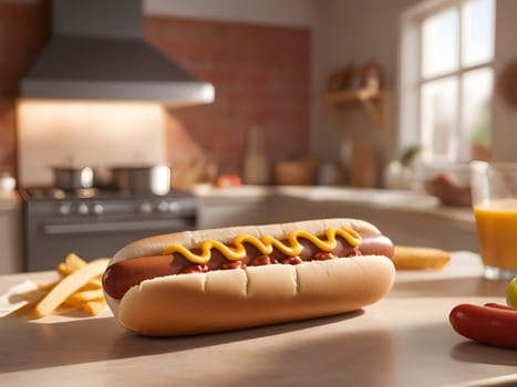 Sizzling Delight: Hot Dog Centerstage in a Sunlit, Cozy Kitchen.
