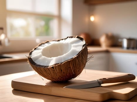 Culinary Elegance: Coconut on a Wooden Cutting Board bathed in Afternoon Light.