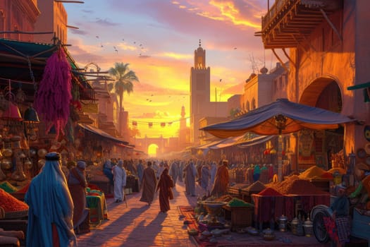 The warm glow of sunset bathes a traditional Moroccan market, where locals engage in commerce amid vibrant stalls and goods. Resplendent.